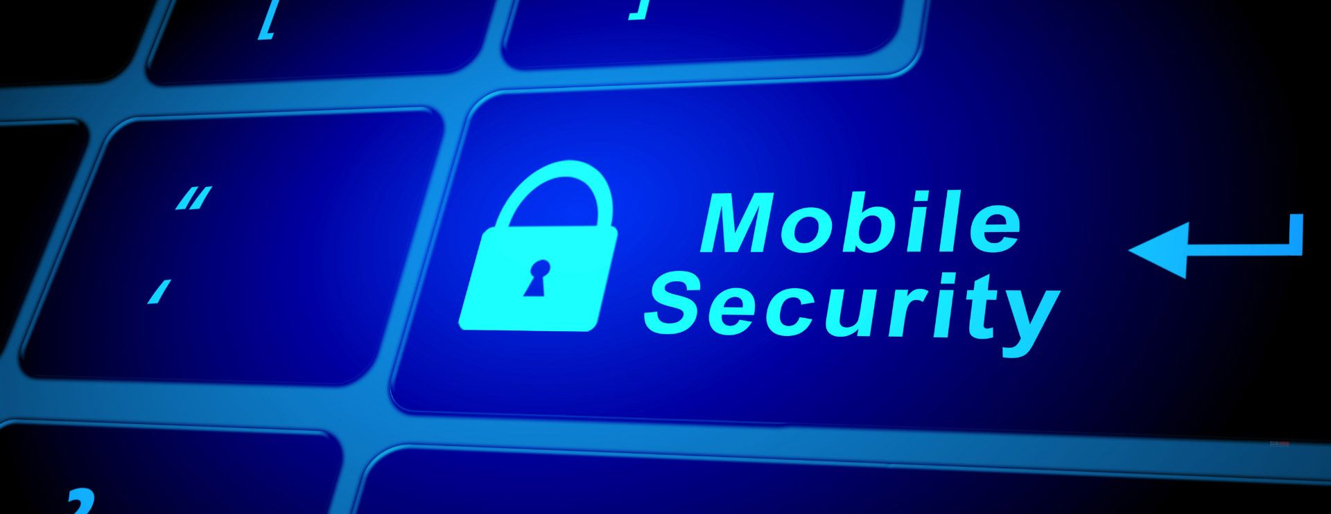 Auf einer schwarzen Tastatur steht auf einer Taste der Begriff „Mobile Security“ und ein Schloss-Piktogramm ist darauf abgebildet