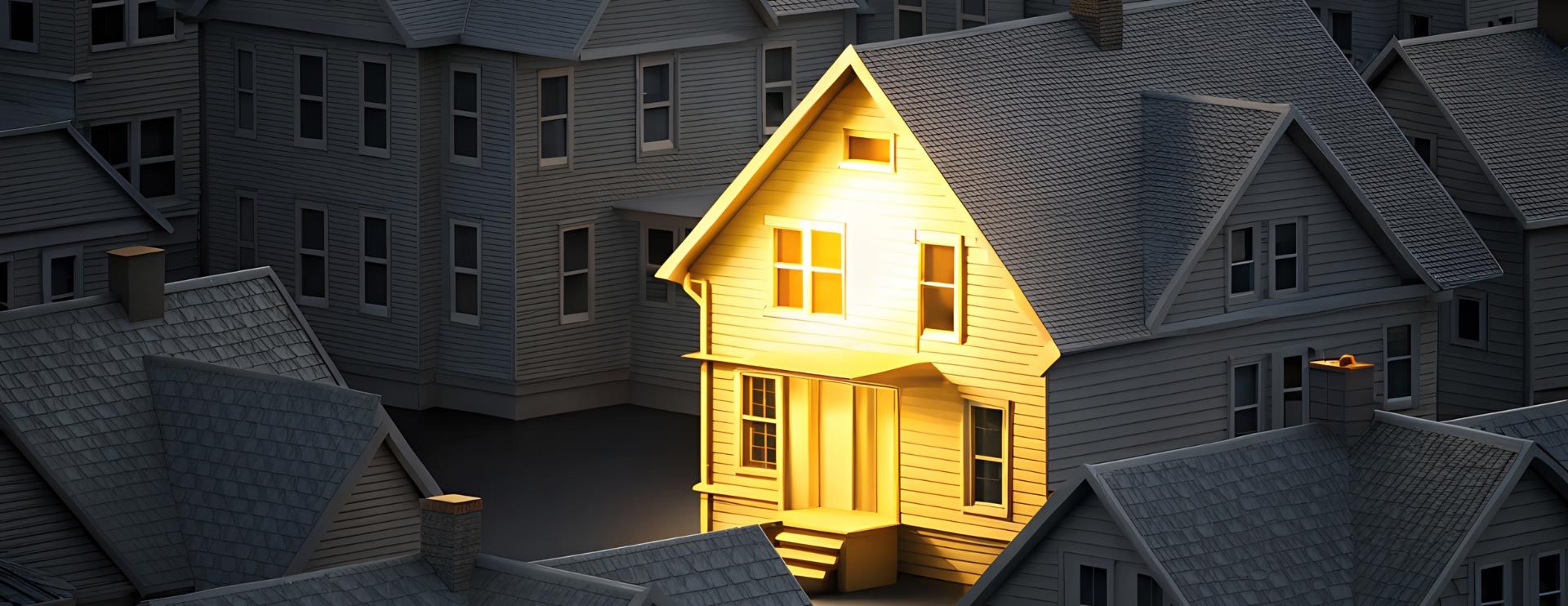 Zwischen vielen dunklen Häusern steht eines hell beleuchtet