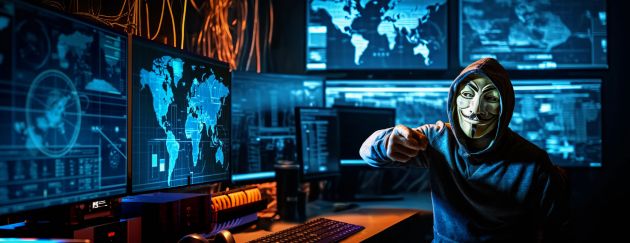 Ein Mann in Kapuzenpulli und Maske zeigt auf den Betrachter, während er vor einigen Bildschirmen an einem Schreibtisch sitzt auf denen die Weltkarte und blau leuchtende Grafiken abgebildet sind
