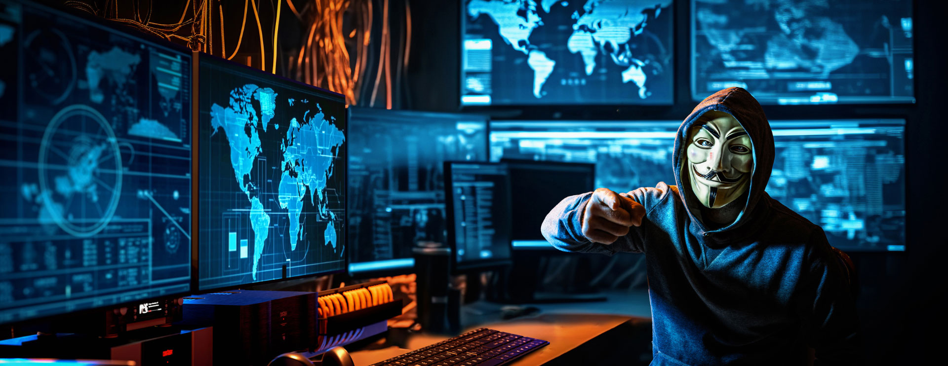Ein Mann in Kapuzenpulli und Maske zeigt auf den Betrachter, während er vor einigen Bildschirmen an einem Schreibtisch sitzt auf denen die Weltkarte und blau leuchtende Grafiken abgebildet sind