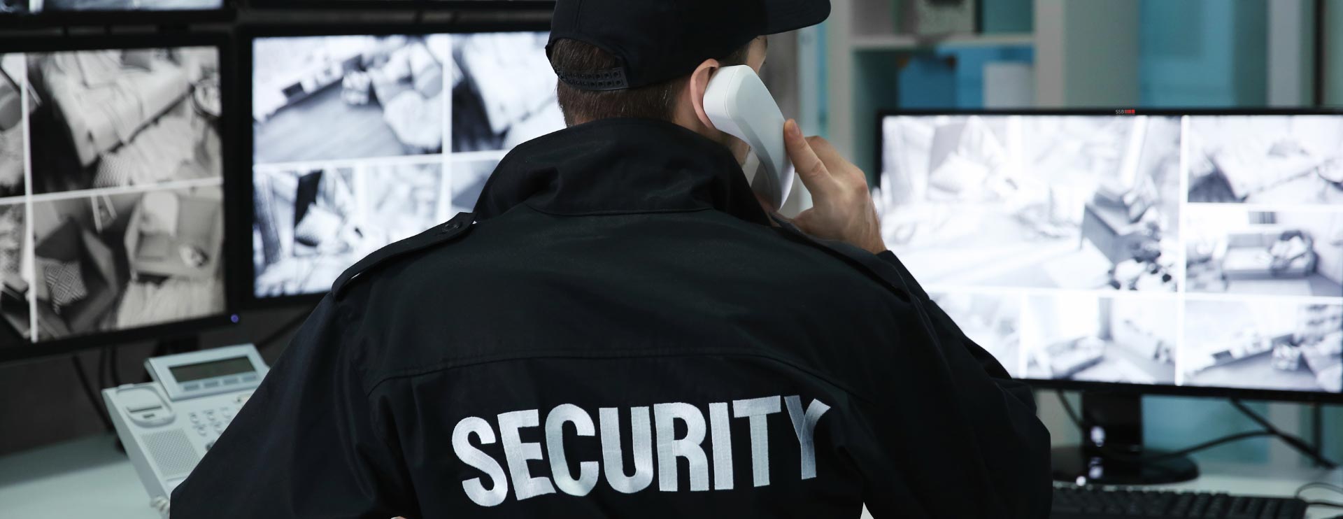 Ein Sicherheitsmitarbeiter sitzt vor vielen Bildschirmen, die Überwachungskameras übertragen und telefoniert.